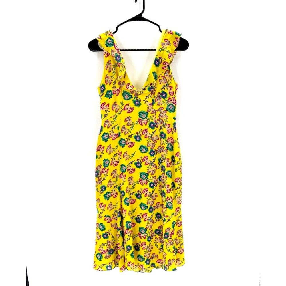 Saloni Holly Ruffle-trimmed yellow silk floral midi dress size 6 spring wedding